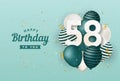 Happy 58th birthday with green balloons greeting card background.