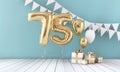 Happy 75th birthday party celebration balloon, bunting and gift box. 3D Rendering Royalty Free Stock Photo