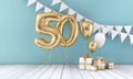 Happy 50th birthday party celebration balloon, bunting and gift box. 3D Rendering Royalty Free Stock Photo