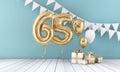 Happy 65th birthday party celebration balloon, bunting and gift box. 3D Rendering Royalty Free Stock Photo