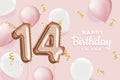 Happy 14th birthday pink foil balloon greeting background.