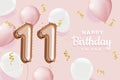 Happy 11th birthday pink foil balloon greeting background.