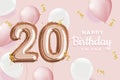 Happy 20th birthday pink foil balloon greeting background.