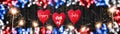 Happy 4th of July background - Frame made of red blue white bokeh in the colors of the united states flag with hearts and firework Royalty Free Stock Photo