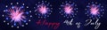 Happy 4th of July background panorama banner - Red blue white fireworks with stars on dark blue vintage texture with handlettering Royalty Free Stock Photo