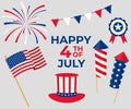 Happy 4th July Decoration Set. USA Collection. Vector Illustration In Flat Style