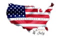 Happy 4th July Independence Day greeting card American flag grunge background on America geography map shape isolated on white Royalty Free Stock Photo