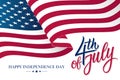 Happy 4th of July United States Independence Day celebrate banner with waving american national flag and hand lettering text. Royalty Free Stock Photo