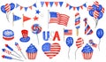 Happy 4th of July USA Independence Day elements set with american national flag, sweets, balloons, hand lettering text Royalty Free Stock Photo