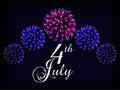 Happy 4th of July the USA independence day greeting card with bright colorful fireworks and text on black backround. Royalty Free Stock Photo