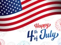 Happy 4th of July USA Independence Day greeting card with flag, fireworks and hand lettering text Royalty Free Stock Photo