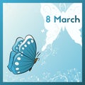 Happy 8th Of March. Template greeting card butterfly. Ecard is decorated with white plants with swirls. Royalty Free Stock Photo