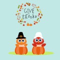 Happy Thanks giving vector owls pilgrims in the pumpkins hand le