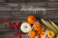 Happy Thanksgiving. Autumn decoration with pumpkins on wooden background Royalty Free Stock Photo