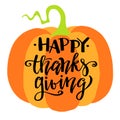 Happy Thanksgiving, autumn holyday background, hand written lettering, on the pumpkin, vector illustration