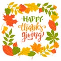 Happy Thanksgiving, autumn holyday background, hand written lettering, vector illustration