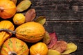 Happy Thanksgiving Background. Autumn Harvest and Holiday border. Selection of various pumpkins on dark wooden background. Royalty Free Stock Photo