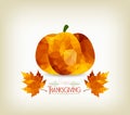 Happy Thanksgiving background with autumn polygonal leaves and a pumpkin Royalty Free Stock Photo