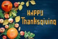 Happy Thanksgiving text with pumpkins and leaves over dark wood background Royalty Free Stock Photo