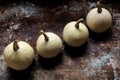 Happy Thanksgiving Background. Four white pumpkins on rustic metal background with copy space. Autumn Harvest.