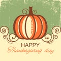 Happy Thanksgiving background with pumpkin and decorative vignettes on old vintage paper