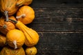 Happy Thanksgiving Background. Selection of various pumpkins on dark wooden background. Autumn vegetables and seasonal decorations