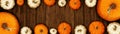 Happy Thanksgiving banner background panorama - Autumn Holiday Harvest still life, Set of various pumpkins on dark brown wooden Royalty Free Stock Photo