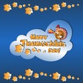 Happy Thanksgiving! Beautiful cartoon turkey bird for celebrating in the cloud.