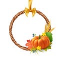 Happy Thanksgiving. Beautiful wicker wreath of vines with pumpkin, berries and autumn leaves, isolated on white