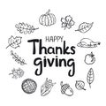 Happy thanksgiving black white silhouette doodle cartoon greeting card