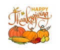 Happy Thanksgiving calligraphy and cartoon Thanksgiving autumn food pumpkins, corn, berries, pear and apples