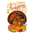 Happy Thanksgiving calligraphy and cartoon Thanksgiving turkey wearing Pilgrim hat with autumn food. Harvest festival Royalty Free Stock Photo