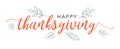 Happy Thanksgiving Calligraphy Text with Illustrated Green Leaves Over White Background