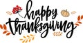 Happy Thanksgiving calligraphy text with illustrated orange leaves and pumpkins on a white background, vector typography