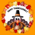 Happy Thanksgiving - funny cartoon turkey illustration, leaves