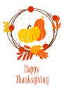 Happy Thanksgiving card with autumn leaves, pumpkins and wreath of branches on white background Royalty Free Stock Photo