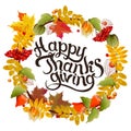 Happy thanksgiving card with decorative wreath. colorful design. vector illustration
