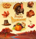 Happy Thanksgiving cartoon character and objects. 3d vector icon set