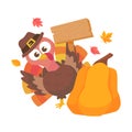 happy thanksgiving cartoon turkey cute and pumpkin in the autumn