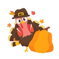 happy thanksgiving cartoon turkey cute and pumpkin in the autumn