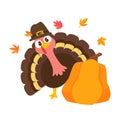 happy thanksgiving cartoon turkey cute and pumpkin in the autumn