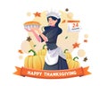 Happy Thanksgiving celebration with a beautiful woman cook serving pumpkin pie for the Thanksgiving holiday party or dinner. Royalty Free Stock Photo