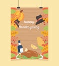 Happy thanksgiving celebration poster hanging baked turkey wine corn pumpkin foliage Royalty Free Stock Photo