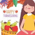 Happy thanksgiving celebration woman with basket filled fruits and leaves decoration