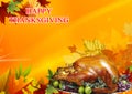 Happy Thanksgiving. Collage of colorful autumn leaves, the Turkey and champagne for thanksgiving. Royalty Free Stock Photo