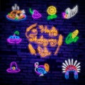 Happy Thanksgiving collection neon signs. Happy turkey day, give thanks vector banner in neon style, night bright signboard, celeb