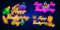 Happy Thanksgiving collection neon signs. Happy turkey day, give thanks vector banner in neon style, night bright signboard, celeb Royalty Free Stock Photo