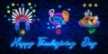 Happy Thanksgiving collection neon signs. Happy turkey day, give thanks banner in neon style, night bright signboard, celeb