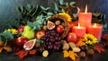 Thanksgiving cornucopia table setting centerpiece close up. Royalty Free Stock Photo