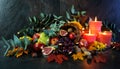 Thanksgiving cornucopia table setting centerpiece close up. Royalty Free Stock Photo